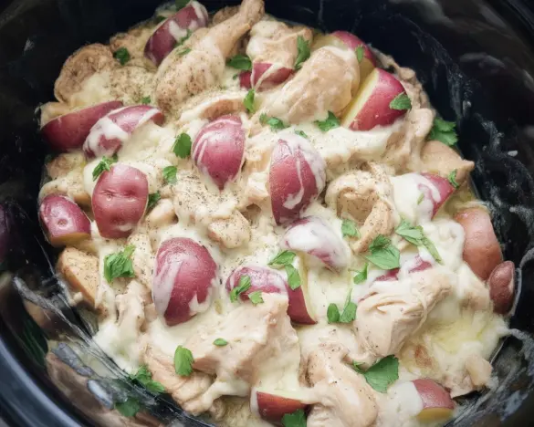 Delicious Garlic Parmesan Crockpot Chicken and Potatoes dish ready to serve.