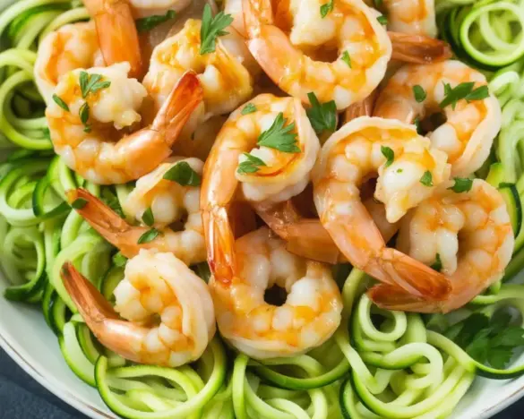 Plate of Keto Shrimp Scampi with Zoodles garnished with fresh herbs.