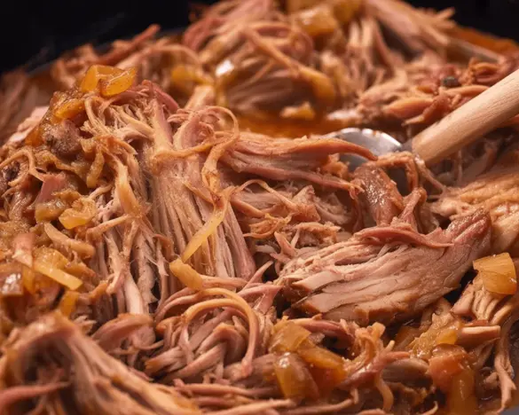 Delicious slow cooker pulled pork served with BBQ sauce on a plate.