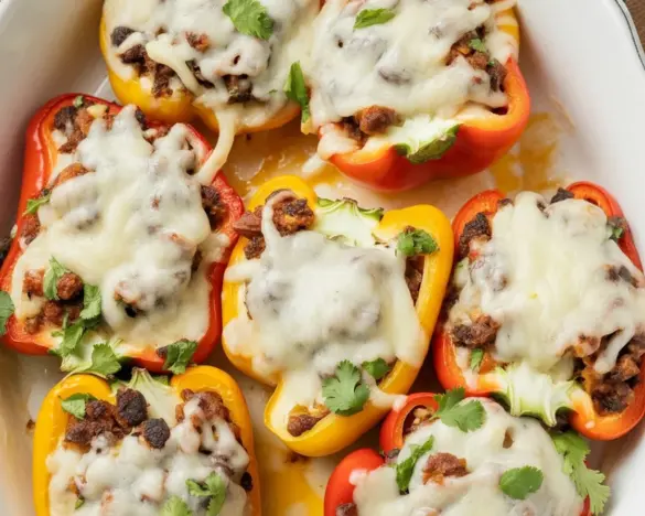 Delicious Mexican Stuffed Peppers (Low Carb) filled with seasoned ground beef and cheese.