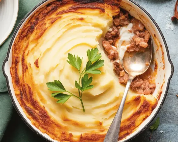 Delicious Keto Shepherd's Pie with cheesy cauliflower topping and savory filling.