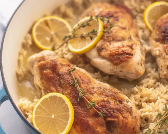 Slow Cooker Lemon Herb Chicken and Rice in a bowl, garnished with fresh herbs.
