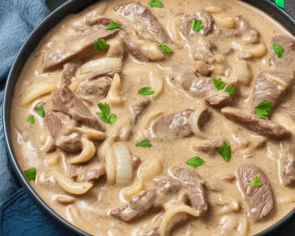 Delicious Keto Beef Stroganoff served with velvety cauliflower puree.