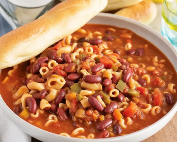 Crockpot Pasta e Fagioli soup with beans, ground beef, and vegetables in a savory broth.