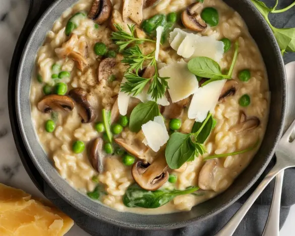 Creamy Instant Pot Mushroom Risotto topped with Parmesan cheese and fresh herbs.