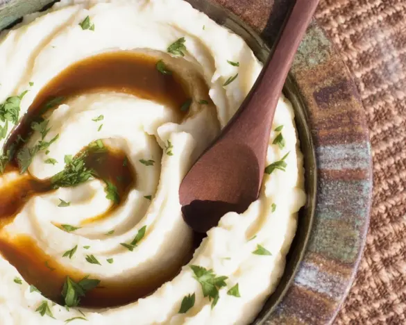 Creamy Cauliflower Mash with Keto Gravy served in a bowl
