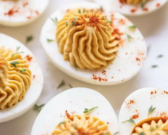 Delicious Instant Pot Deviled Eggs with creamy filling and paprika on top.