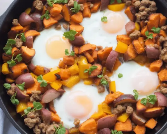 Delicious Whole30 Sweet Potato Breakfast Hash with sausage and eggs