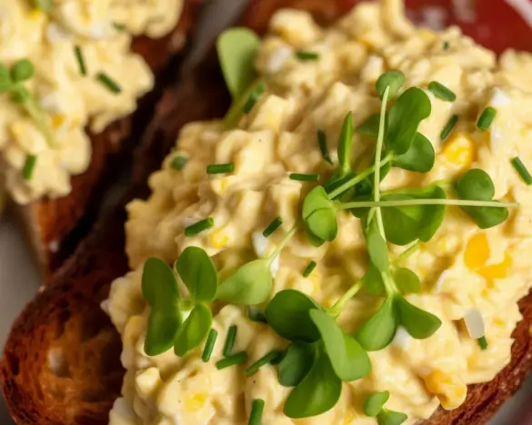 Delicious Keto Dill Pickle Egg Salad garnished with fresh herbs in a bowl.