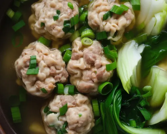 Healthy bowl of Paleo, Keto, Whole30 compliant Wonton Soup with fresh ingredients.
