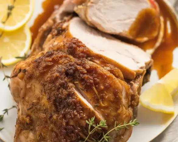 Juicy Slow Cooker Turkey Breast seasoned with herbs in a slow cooker.