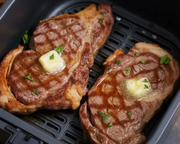 Juicy Air Fryer Steak cooked to perfection, garnished, and ready to serve.