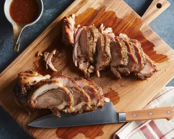 Slow-Cooker Pork Shoulder with Brown Sugar and Balsamic Glaze served with herbs.