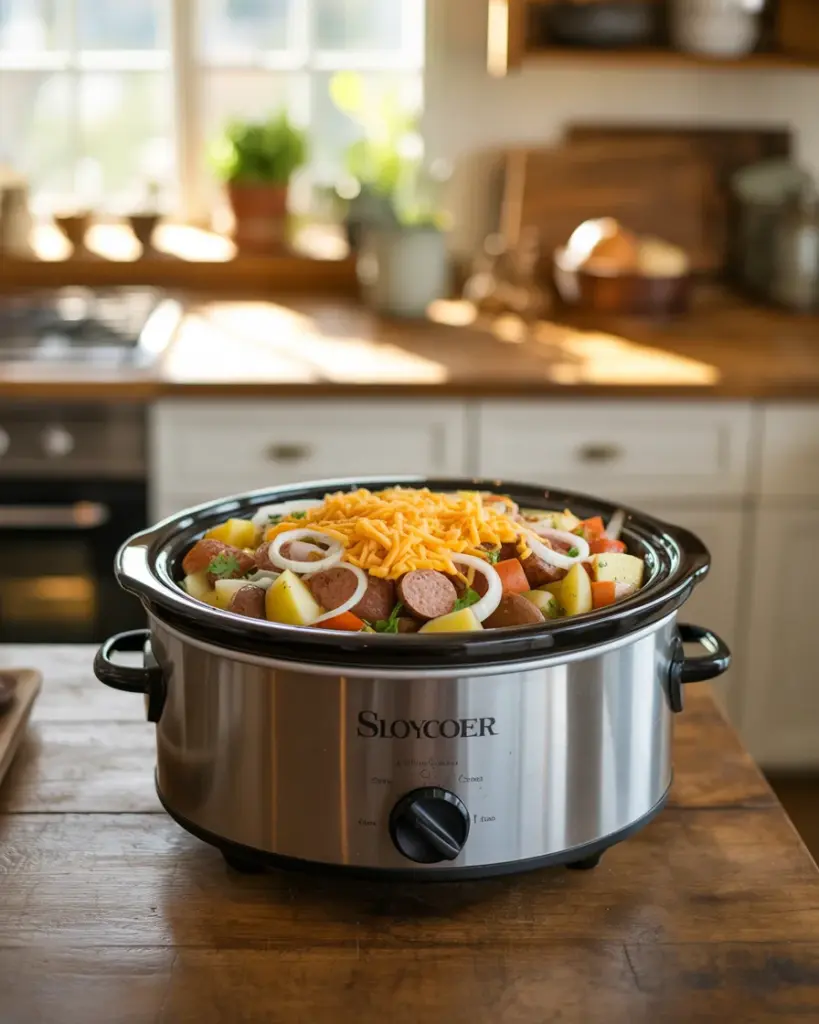 Mouthwatering Slow Cooker Cheesy Sausage and Potatoes Delight