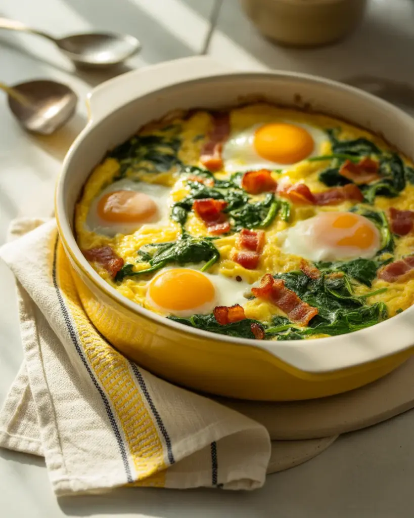 Delicious Dairy Free Egg Casserole with Bacon, Potato, and Spinach