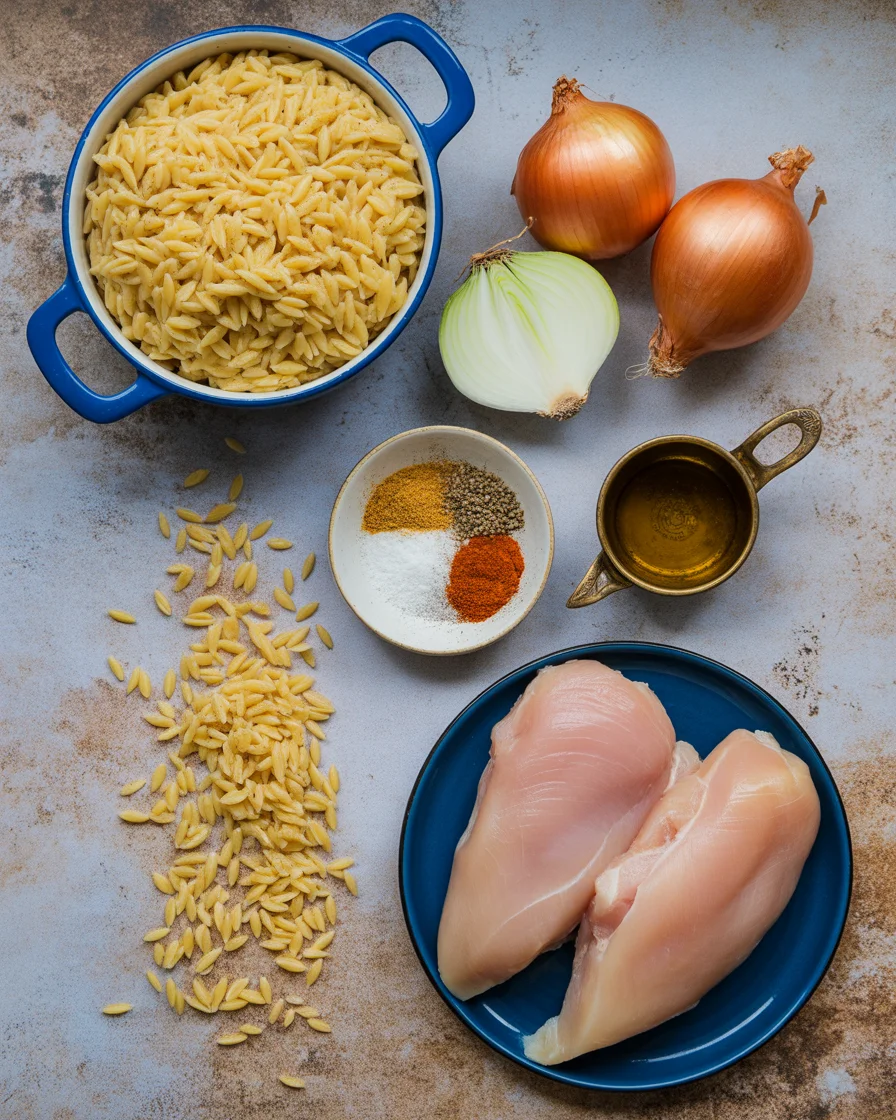 French Onion Chicken Orzo Casserole
