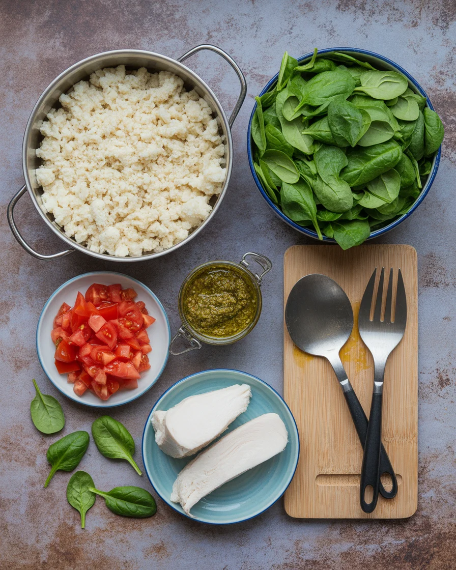 Low Carb Pesto Chicken Cauliflower Rice