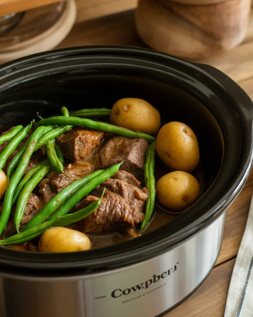 CROCKPOT GARLIC BUTTER BEEF BITES & POTATOES