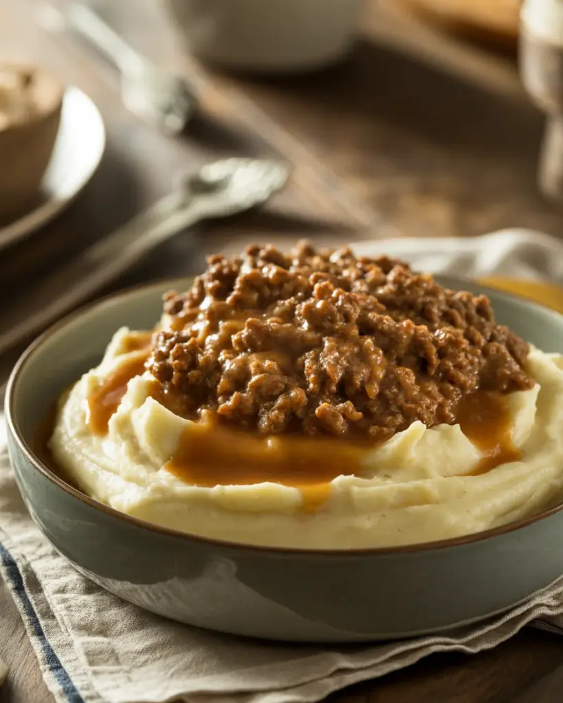 GROUND BEEF & GRAVY OVER MASHED POTATOES