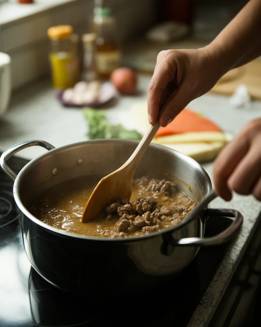 GROUND BEEF & GRAVY OVER MASHED POTATOES