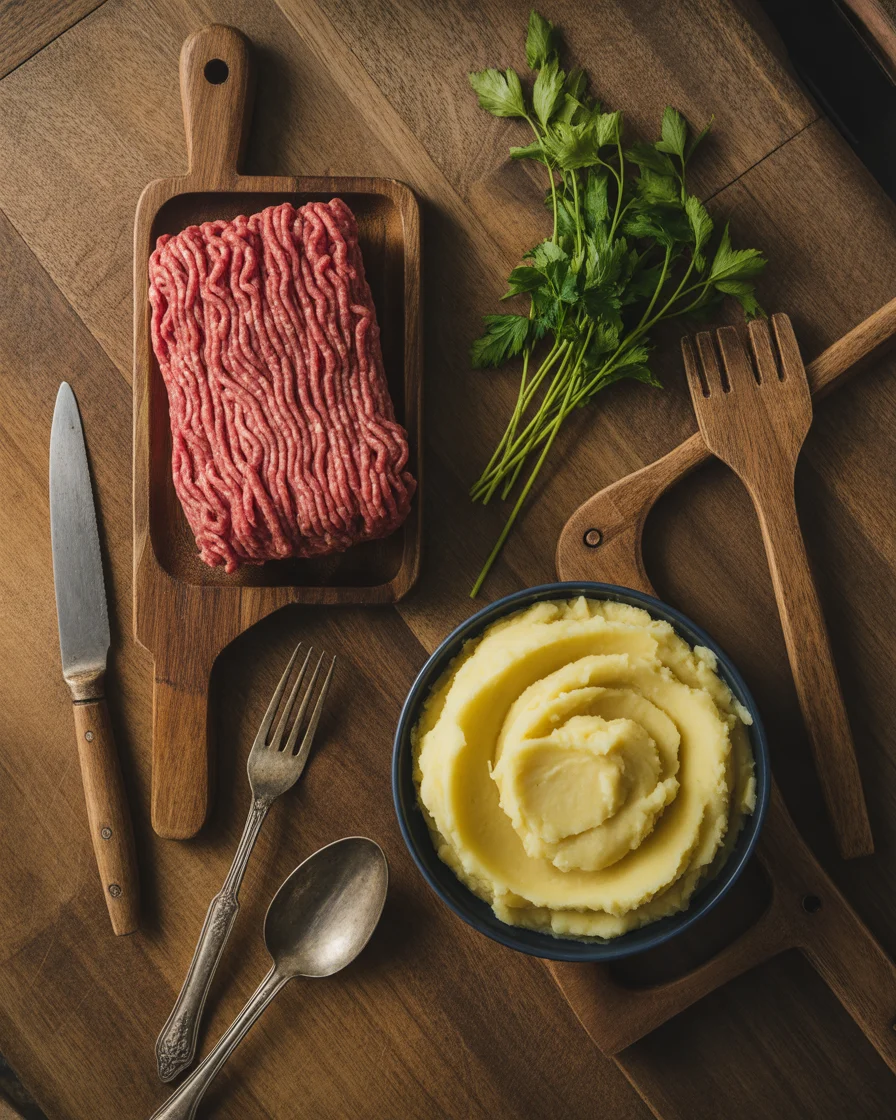 GROUND BEEF & GRAVY OVER MASHED POTATOES