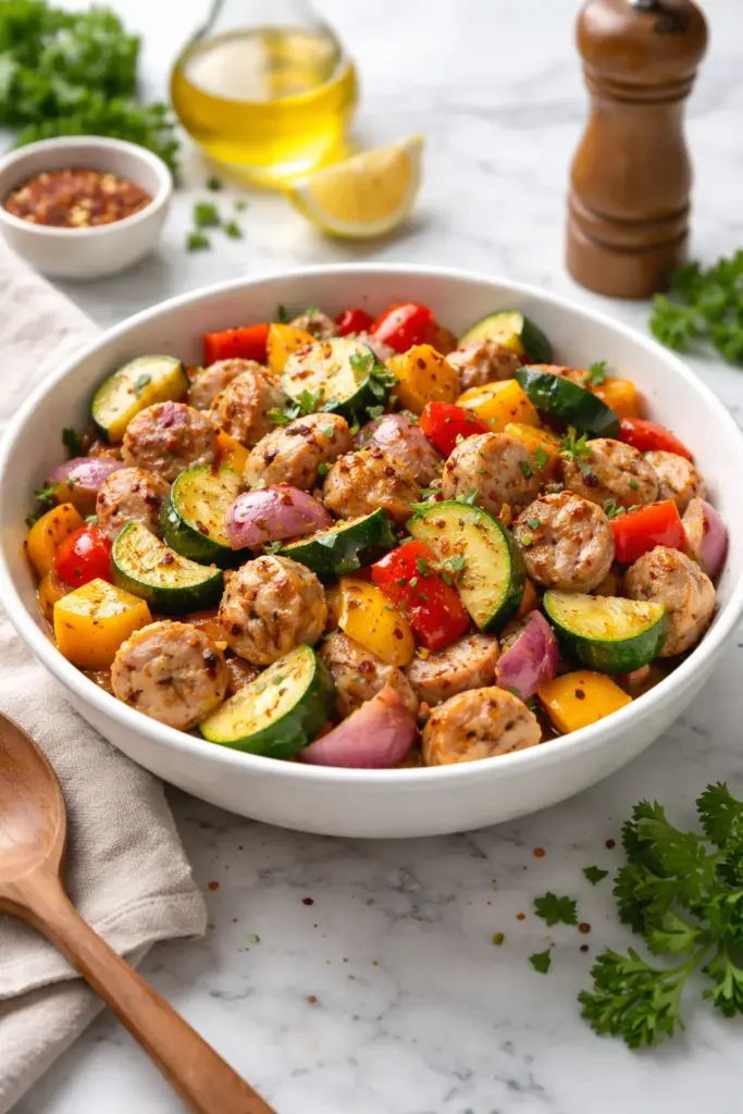 10 Minute Air Fryer Chicken Sausage and Veggies