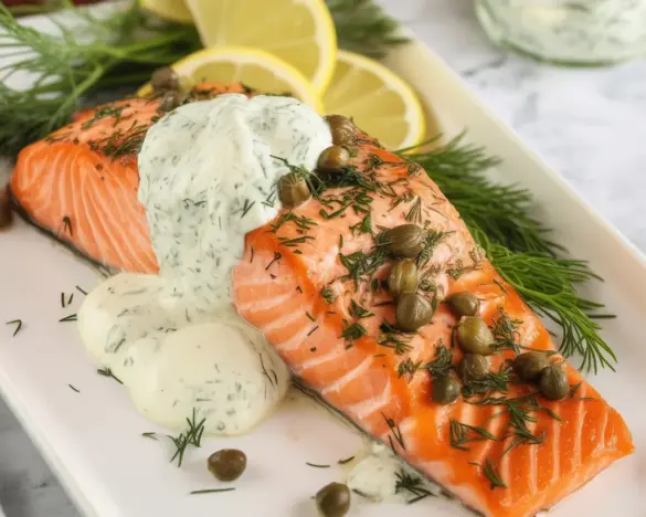Baked Keto Salmon with Creamy Dill Sauce served on a plate with garnish.