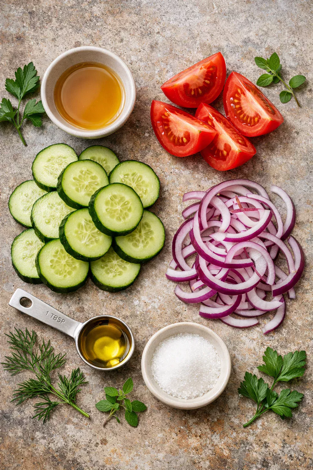 MARINATED CUCUMBERS, ONIONS & TOMATOES
