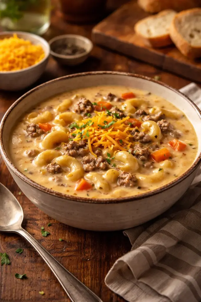 ONE-POT MACARONI CHEESEBURGER SOUP