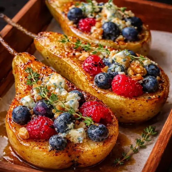 Delicious baked pears topped with berries, honey, walnuts, and blue cheese.