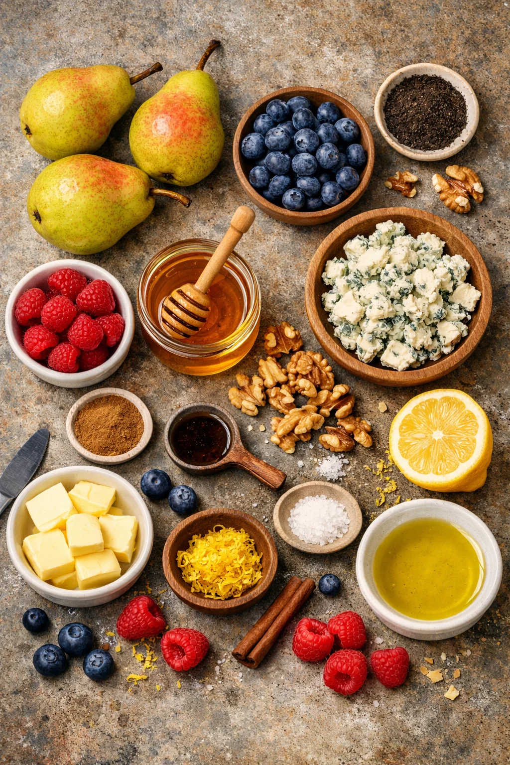 Baked Pears with Berries, Honey, Walnuts & Blue Cheese