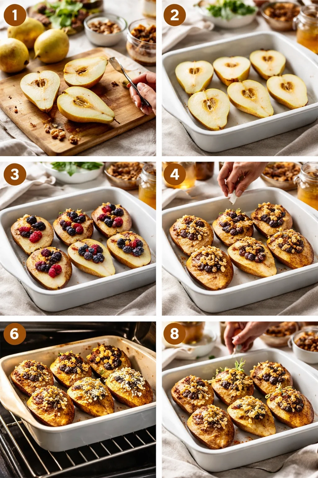 Baked Pears with Berries, Honey, Walnuts & Blue Cheese