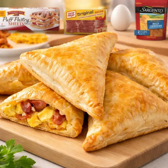 Flaky puff pastry breakfast pockets filled with eggs, cheese, and sausage