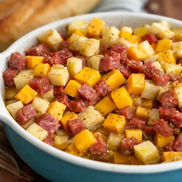 Delicious charcuterie dip with brie, fig jam, prosciutto, and olives