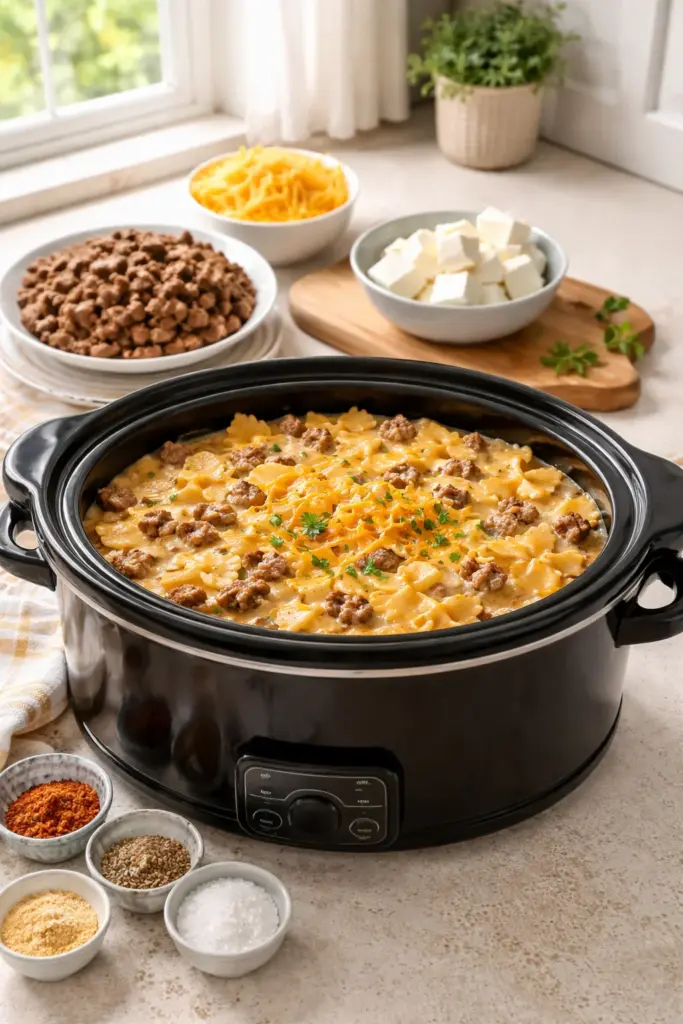 Crockpot Cheeseburger Bow Tie Pasta