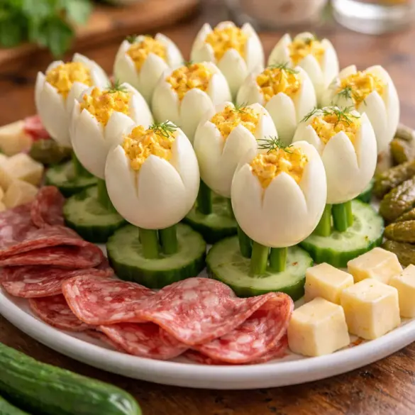 Deviled Egg Tulip Appetizer Platter showcasing vibrant tulip-shaped eggs for Easter.