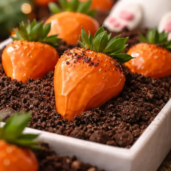 Easter Carrot Patch Strawberries decorated as carrot treats on a dessert table