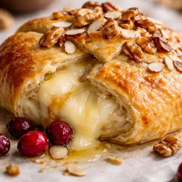 Flaky puff pastry with warm Brie, cranberries, and toasted walnuts ready to serve.
