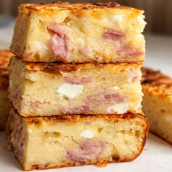 Delicious slice of Greek ham cheese pie (Zambonopita) served on a plate.