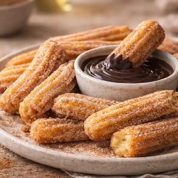Delicious homemade churros coated in cinnamon sugar, crispy on the outside and soft inside.