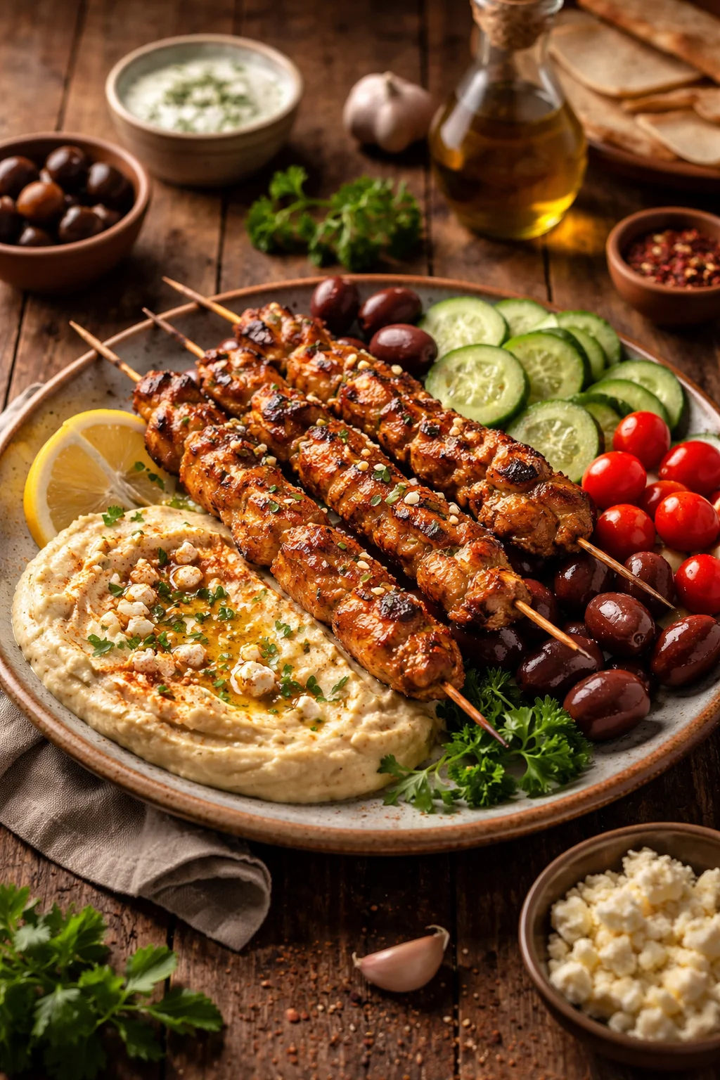 Mediterranean Chicken Skewers with Hummus Spread