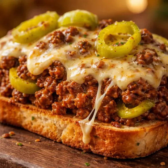 Mississippi Sloppy Joes on Garlic Bread topped with melted provolone cheese.
