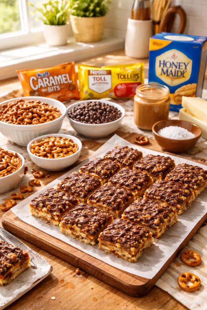 No Bake Caramel Pretzel Crack Bars