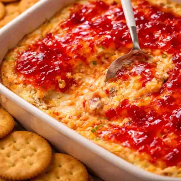Delicious Pepper Jelly Cheese Dip with cream cheese and spices, ideal for snacking