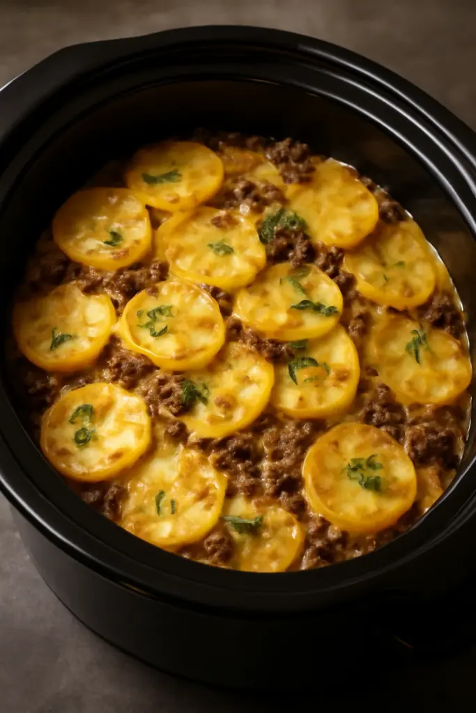 Slow Cooker Beef and Potato Au Gratin