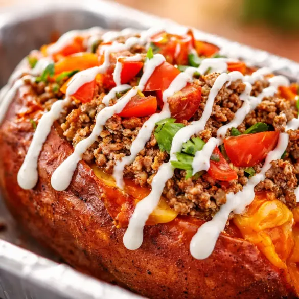 Delicious Taco Stuffed Potatoes topped with cheese and sour cream on a plate.