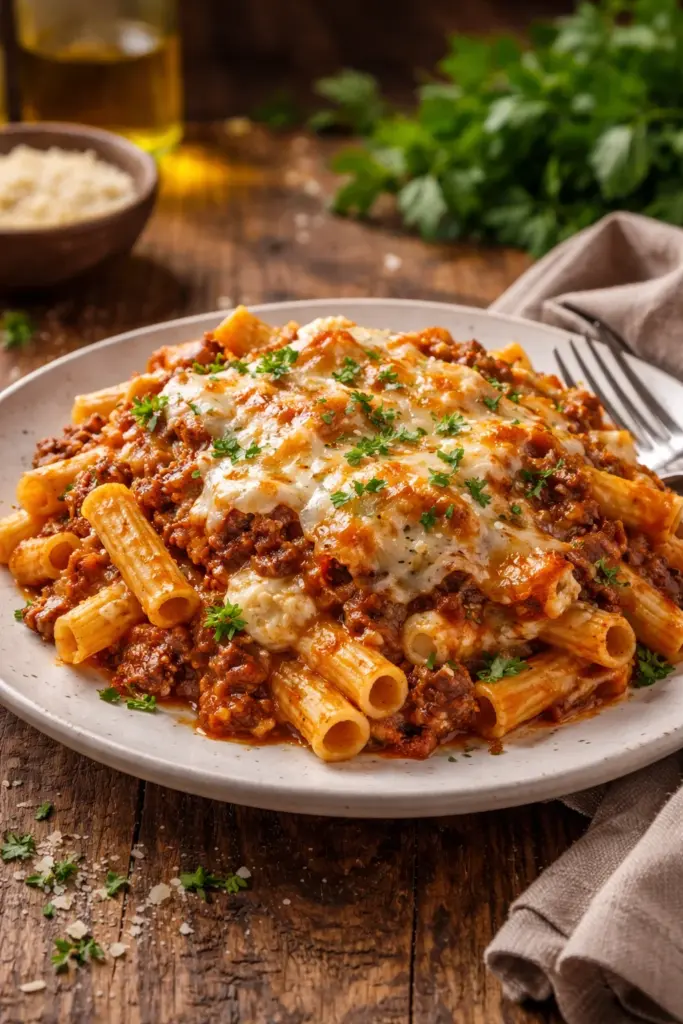 Baked Ziti with Ground Beef & Ricotta