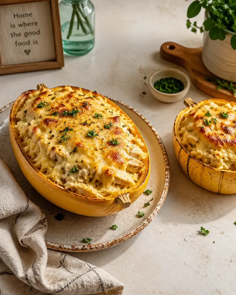 chicken alfredo stuffed spaghetti squash