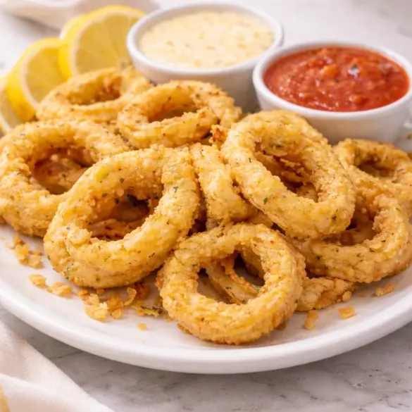 Crispy Fried Calamari with golden brown crust served with lemon and marinara sauce.