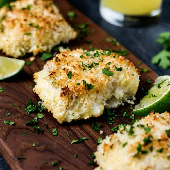 Coconut Lime Baked Cod garnished with fresh herbs and lime slices.